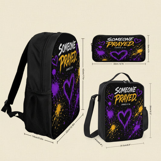 Customized black backpack and matching lunch bag set with a purple and yellow paint splatter design and the text 'SOMEONE PRAYED. JAMES 5:16'.