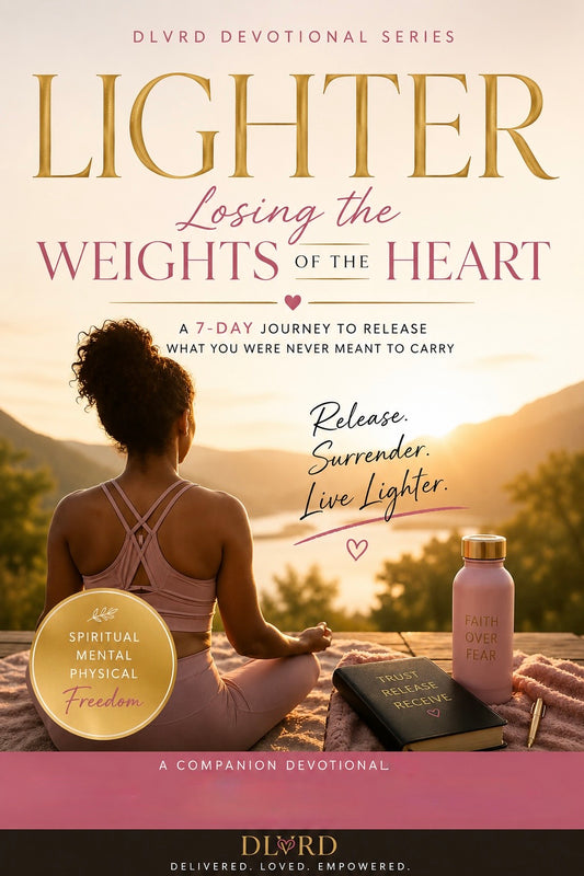 Book cover for 'Lighter Losing the Weights of the Heart' from the DLVRD Devotional Series, featuring a woman meditating outdoors at sunset with a pink bottle, notebook, and blanket, with large gold and pink typography.