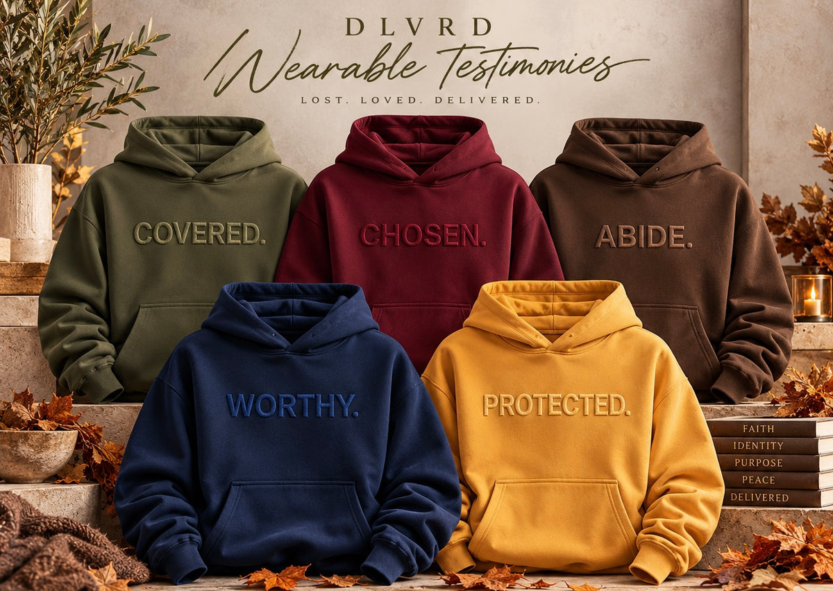 Five hoodies in different colors are arranged on a styled set with autumn leaves and books. The hoodies have embossed text: olive green says 'COVERED.