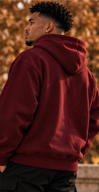 Maroon hoodie with hood, back view
