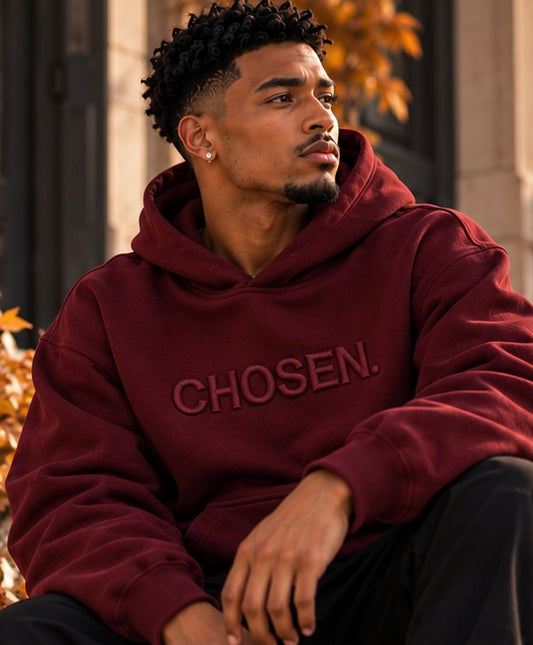 Maroon CHOSEN. hoodie with front hood and kangaroo pocket