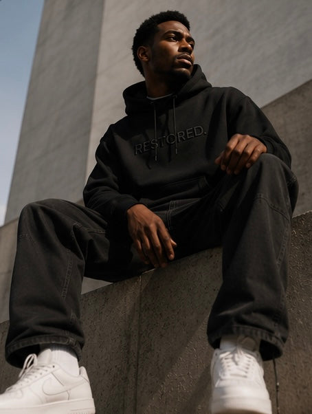 A man wearing a black Restored hoodie and black jeans sits on a concrete ledge outdoors, wearing white sneakers. The hoodie features the brand name 'RESTORED.