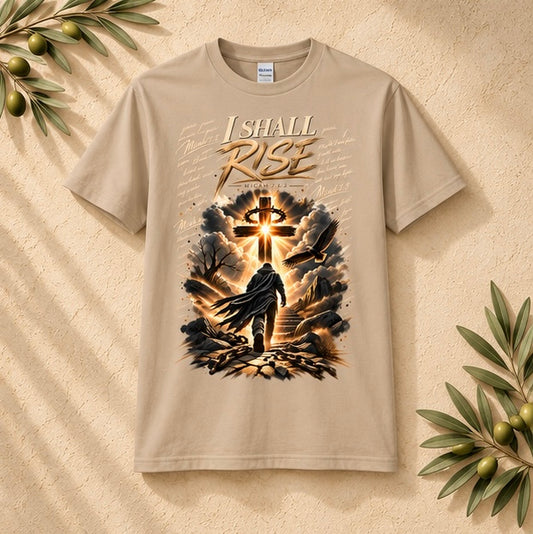 Light beige graphic T-shirt with 'I SHALL RISE' cross and dove scene