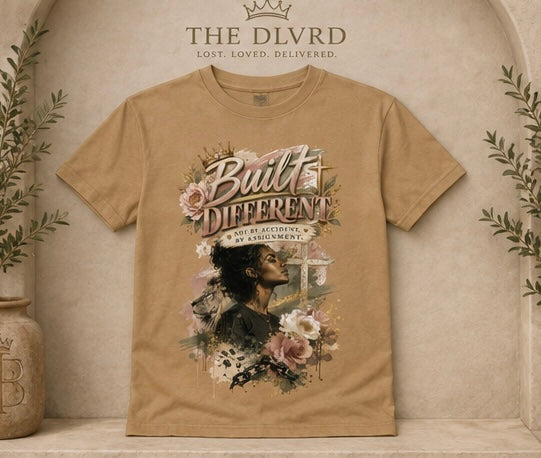 Tan women's crew-neck short-sleeve T-shirt with floral portrait graphic on front