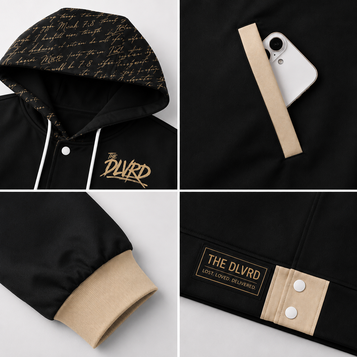 Black hooded jacket with beige hood lining and gold logo patch on front chest pocket