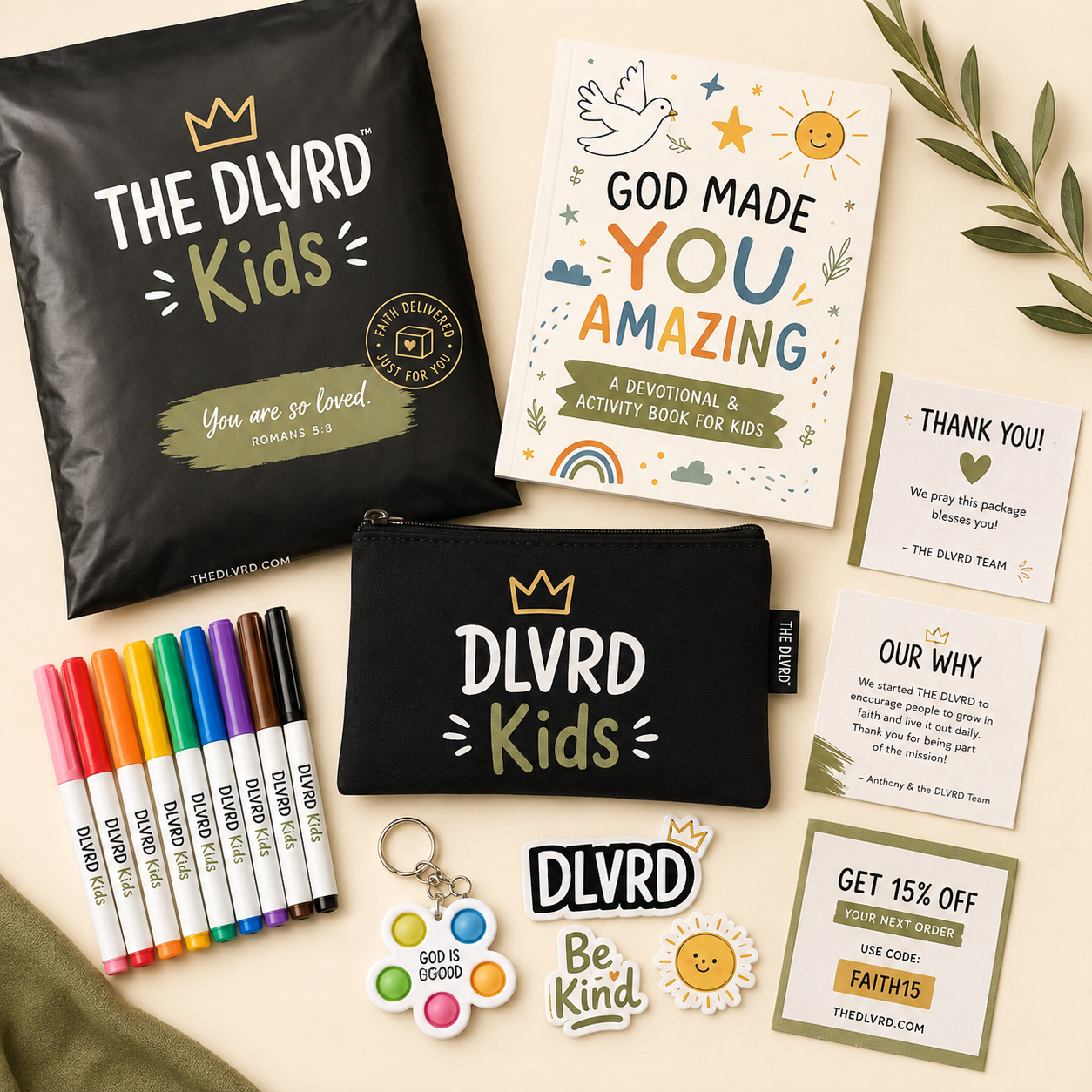 Kids devotional activity set with black pouch, colored pencils, keychain and cards