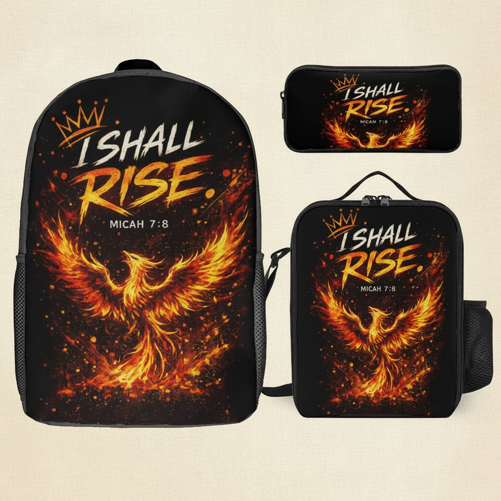 A black backpack shown with two smaller matching accessories: a pencil case and a lunch bag, all featuring a fiery phoenix graphic and the text “I SHALL RISE. MICAH 7:8” on a white background.