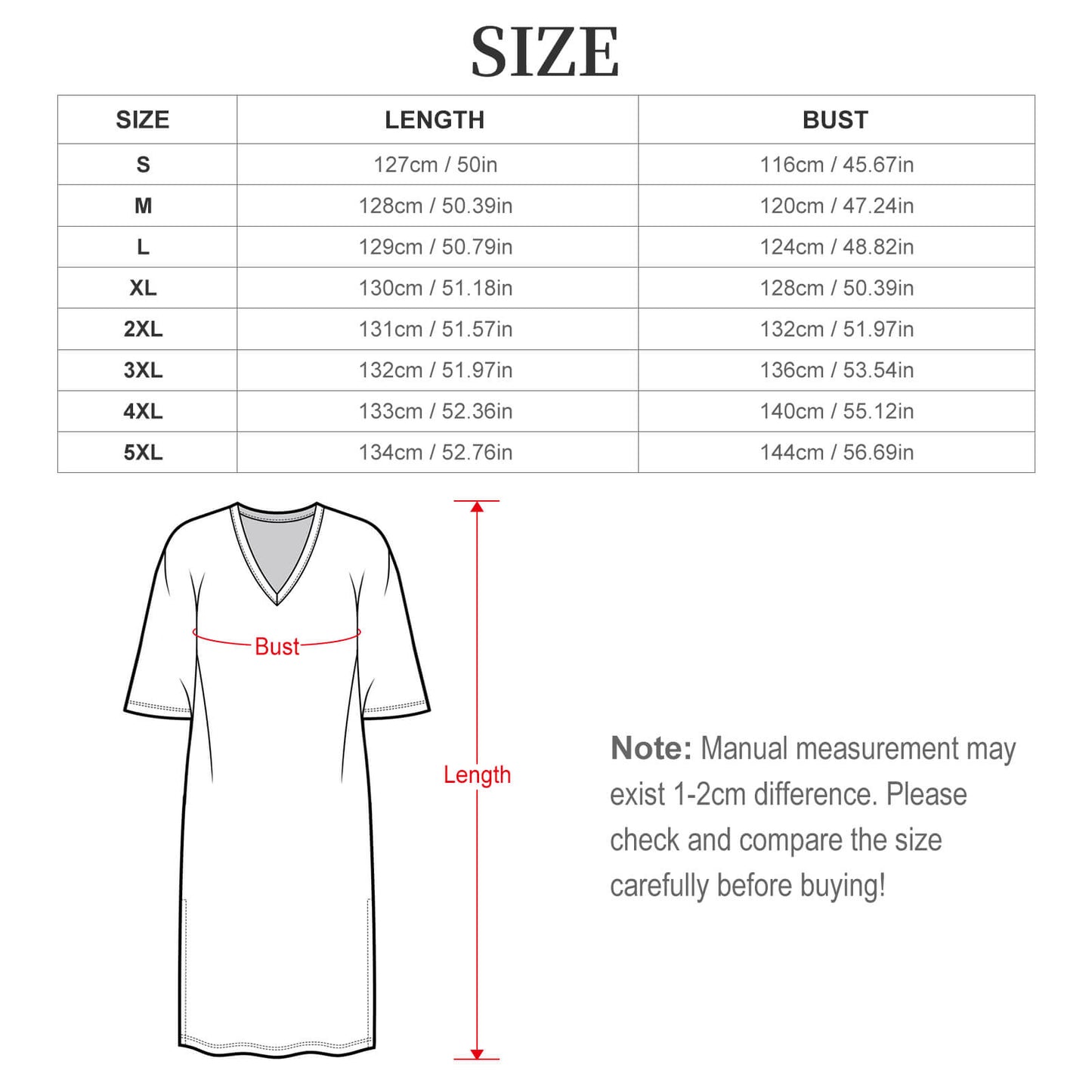 Robe size chart with lengths and bust measurements for sizes S to 5XL