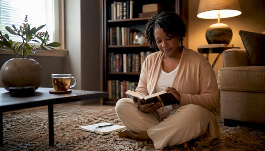 Woman reading Bible and taking notes at home