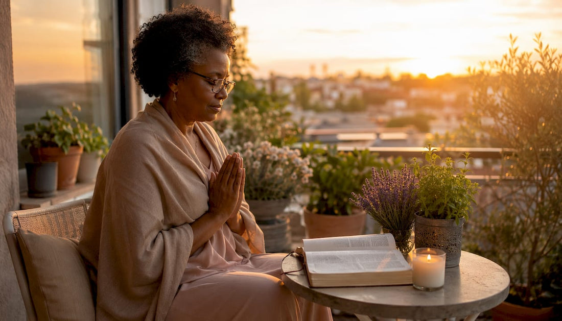 Woman praying peacefully at home