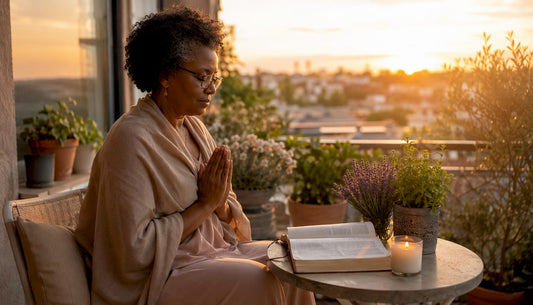 Woman praying peacefully at home