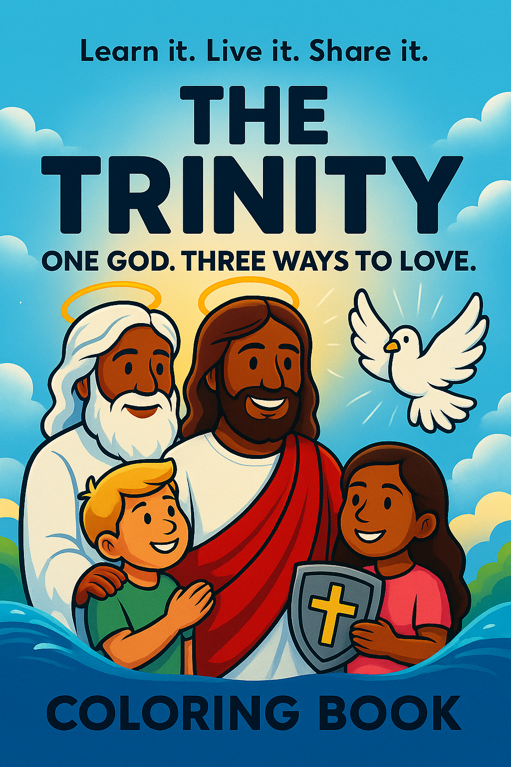 Coloring book cover with religious illustration of Jesus, dove, and children on a blue background.