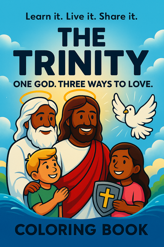 Coloring book cover with religious illustration of Jesus, dove, and children on a blue background.