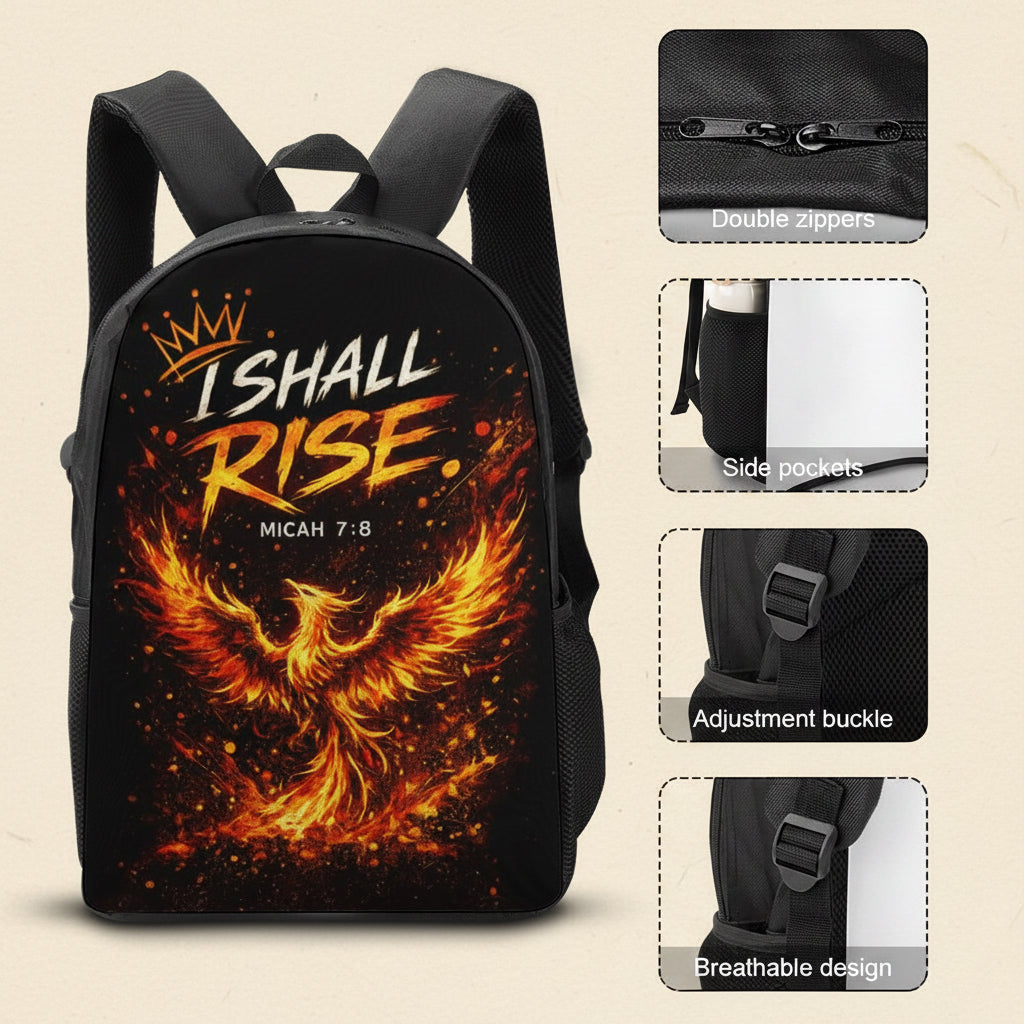 Black backpack with a fiery phoenix graphic and the text 'I SHALL RISE. MICAH 7:8' on the front, shown alongside feature callout insets for double zippers, side pockets, adjustment buckle, and breathable design.