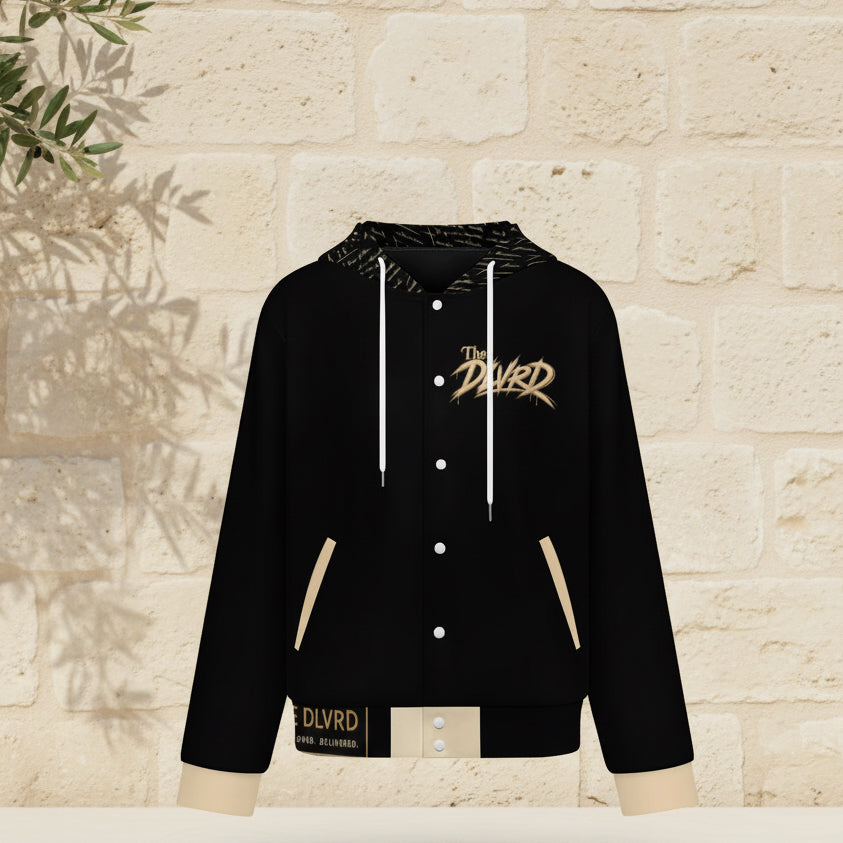 Black hooded baseball jacket with drawstrings, snap buttons, and gold chest logo