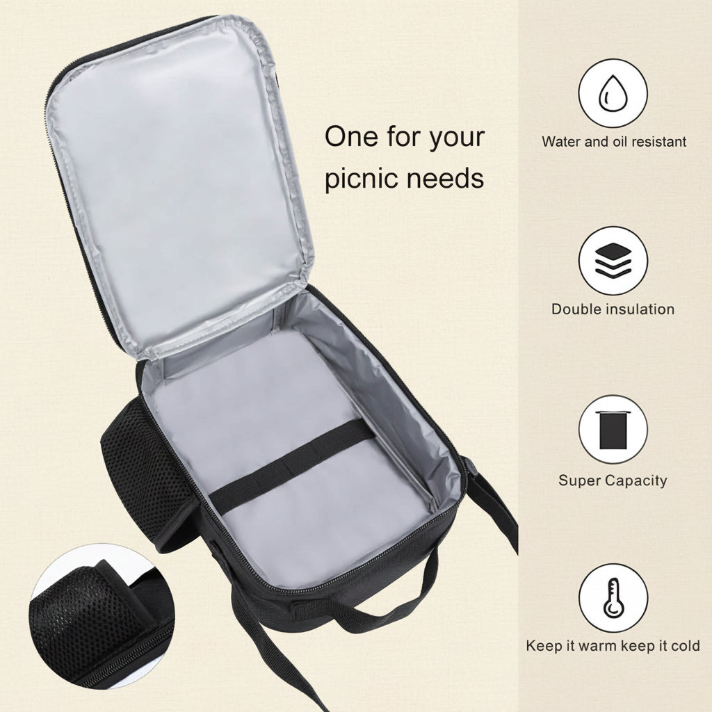 Insulated lunch bag with features highlighted on a white background