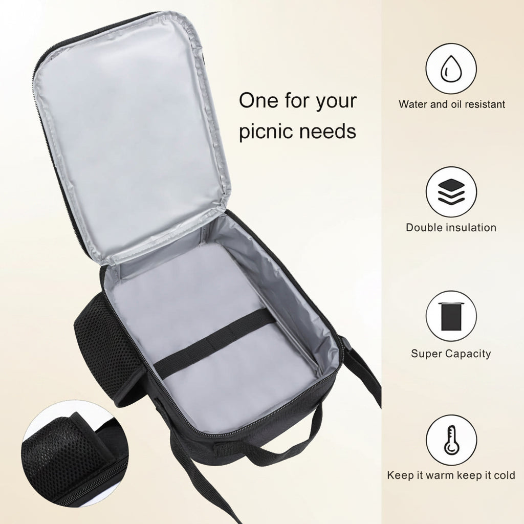 Insulated lunch bag with features highlighted on a white background