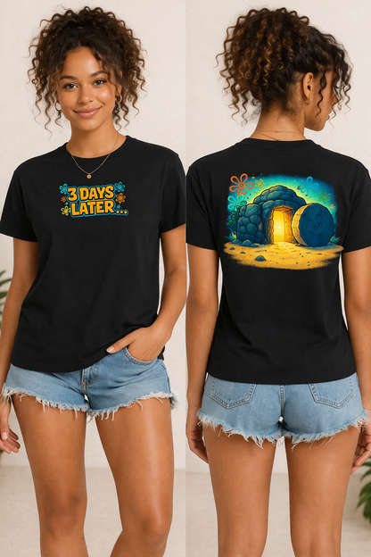 Black 3 Days Later Glory T-shirt with colorful front and back graphic print