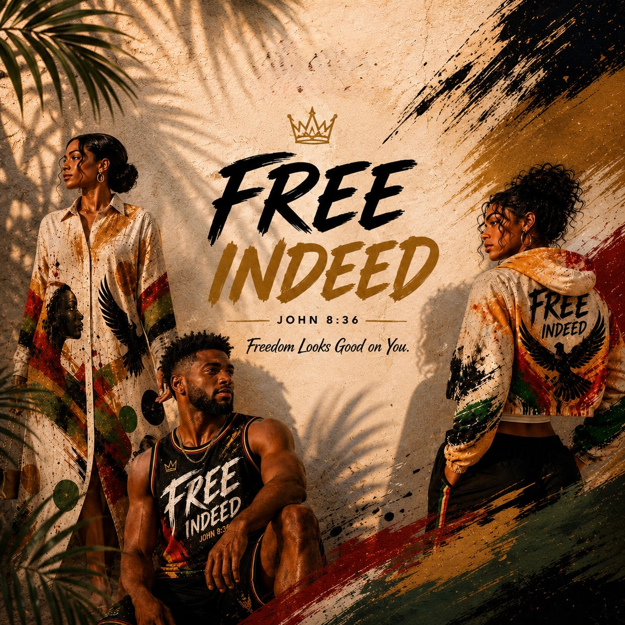 A stylized promotional graphic with three people wearing apparel printed with the phrase "FREE INDEED," set against an abstract painted background with palm shadows and the text "FREE INDEED" and "JOHN 8:36.".