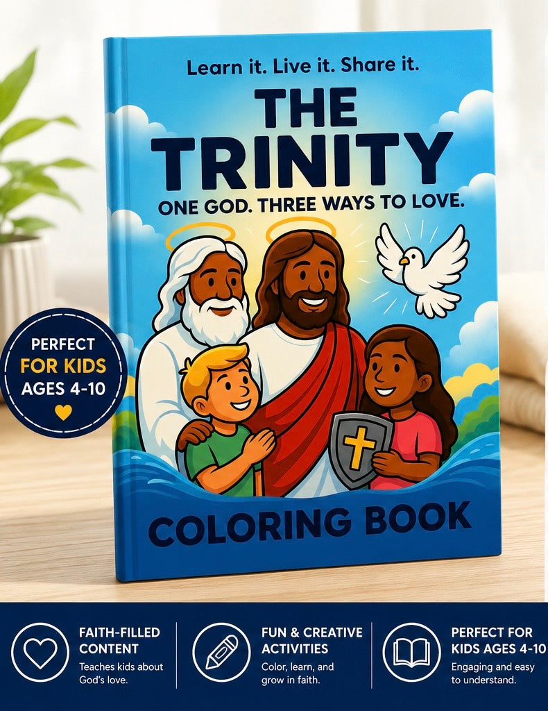 Coloring book titled 'The Trinity' with illustrations of religious figures and a dove on a blue cover.