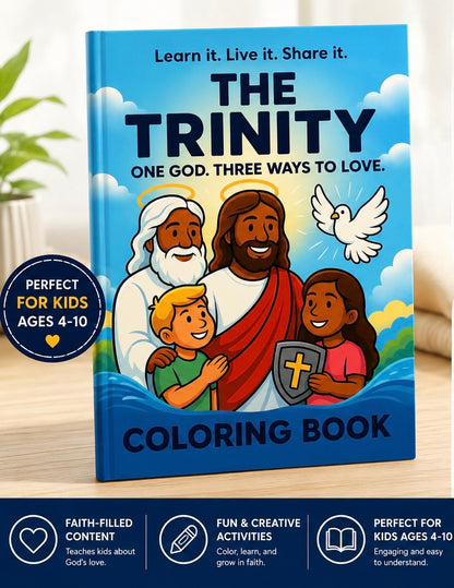Coloring book titled 'The Trinity' with illustrations of religious figures and a dove on a blue cover.