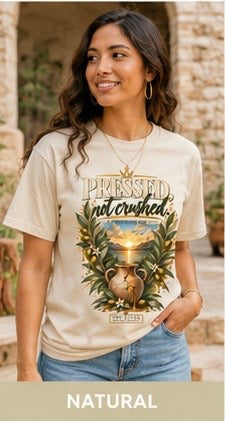 Natural beige pressed graphic tee with large front illustration and slogan