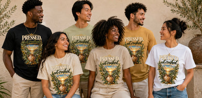 Group wearing pressed graphic T-shirts in black, white, tan, pistachio, and gold