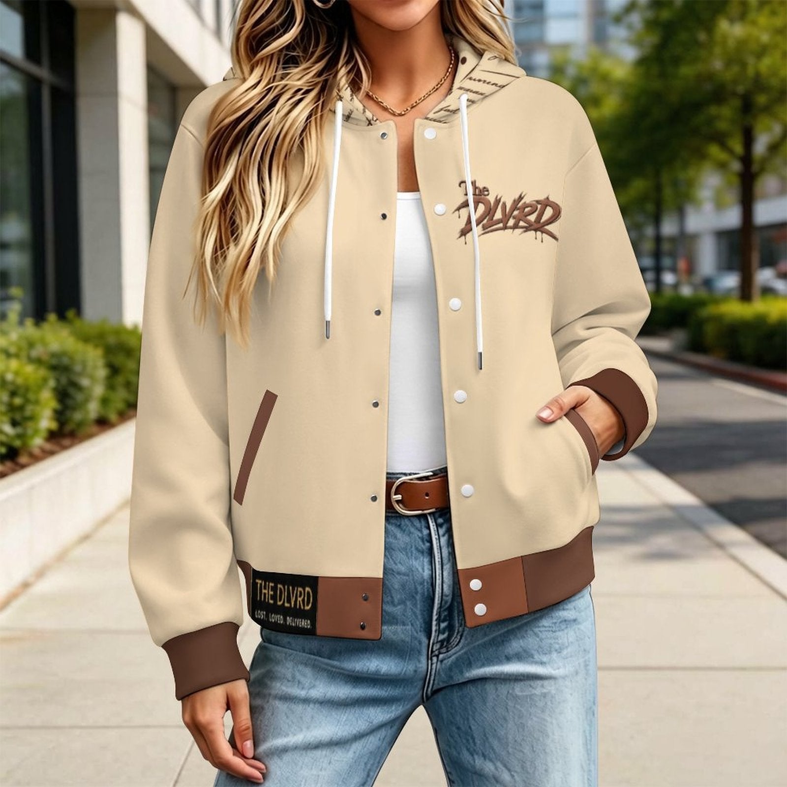 Unisex hooded baseball jacket, light tan body with brown cuffs and front snap buttons