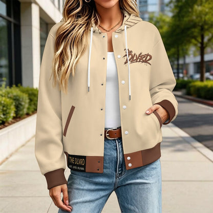 Unisex hooded baseball jacket, light tan body with brown cuffs and front snap buttons