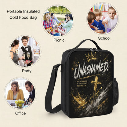 A black insulated lunch bag with a shoulder strap and side mesh pocket, featuring the word 'UNASHAMED.' in white with a gold crown and cross graphic.