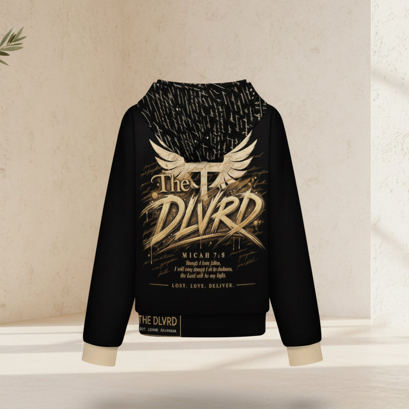 Black hooded baseball jacket with large gold back graphic and text below