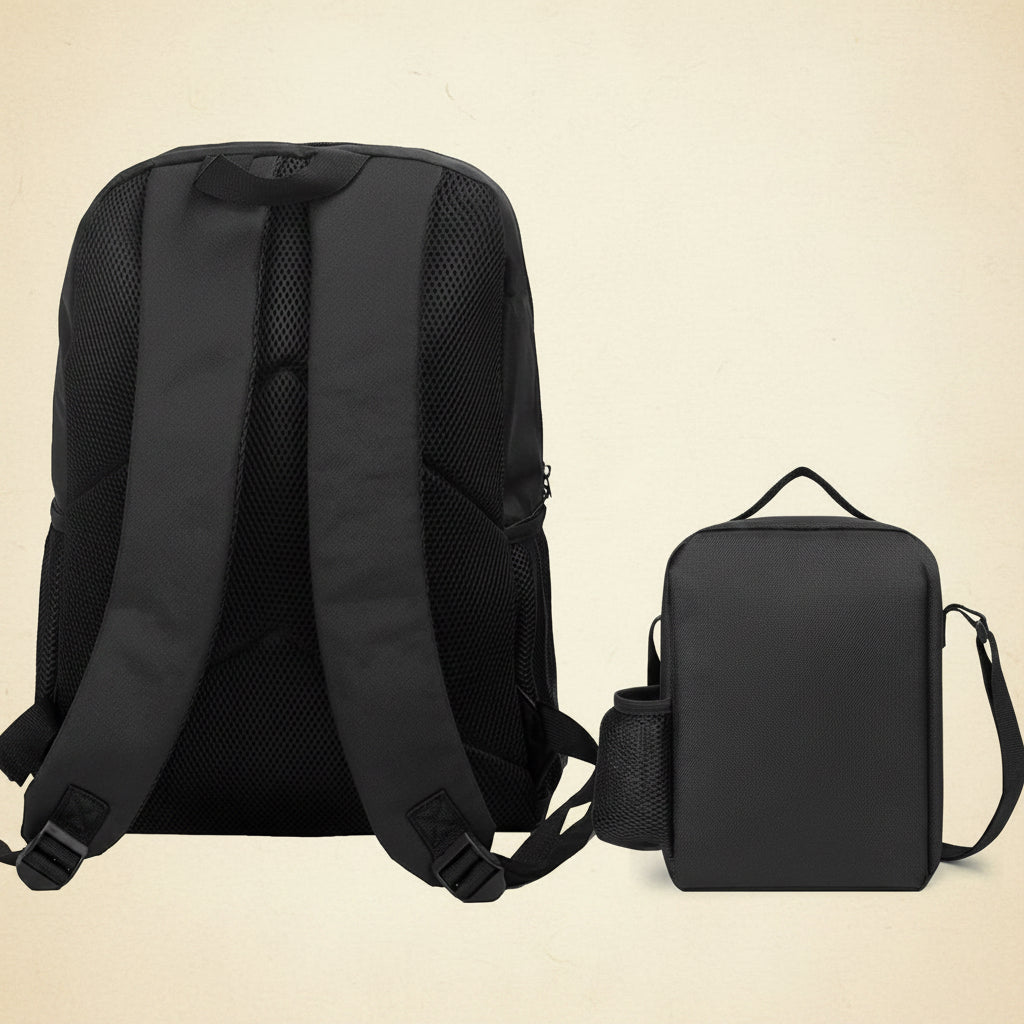 Black backpack and crossbody bag on a white background