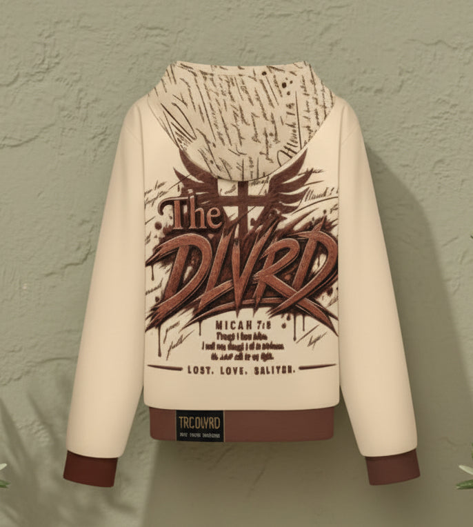 Light tan hooded baseball jacket back view with large all-over graphic print and brown cuffs