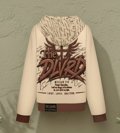 Light tan hooded baseball jacket back view with large all-over graphic print and brown cuffs