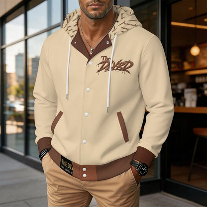 Unisex hooded baseball jacket, light tan with embroidered chest print and brown trim