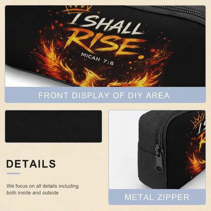 A black zippered pouch or case with a fiery orange and yellow flame graphic and the text 'I SHALL RISE' and 'MICAH 7:8' on the front. The image is a composite showing the front display, a fabric swatch, and a side view with a metal zipper.