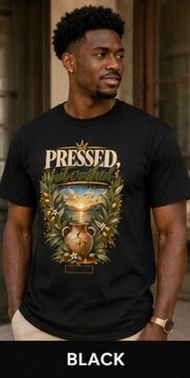 Black pressed graphic tee with large front illustration and slogan