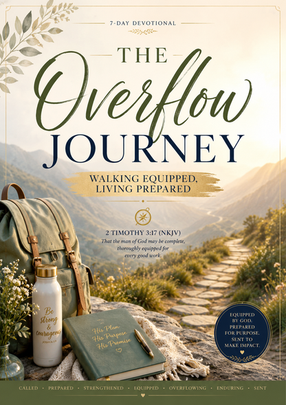 Book cover of 'The Overflow Journey' with a backpack, water bottle, and scenic background.