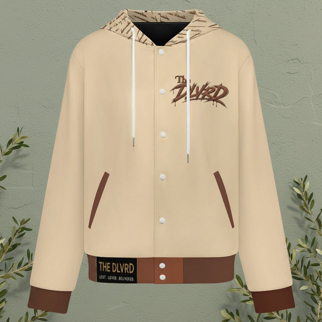 Light tan hooded baseball jacket front view with drawstring hood and snap button placket