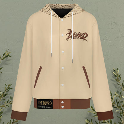 Light tan hooded baseball jacket front view with drawstring hood and snap button placket