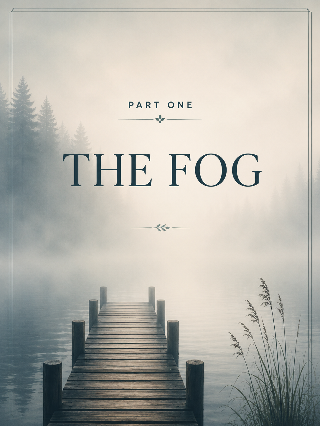 A misty lakeside scene with a wooden dock extending into fog, evergreen trees in the background, and tall grasses in the foreground. Large centered text reads 'PART ONE THE FOG'.