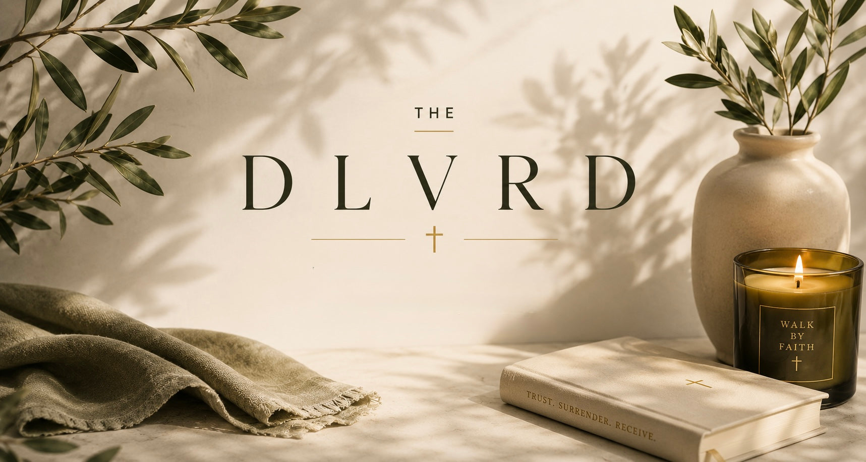 Minimal lifestyle banner representing THE DLVRD brand with warm neutral tones, symbolizing faith, hope, and the journey from lost to loved to delivered.