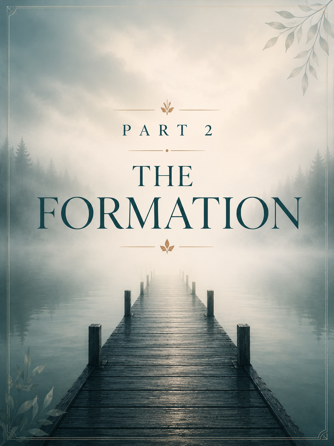 A misty lakeside scene with a wooden dock leading into fog, overlaid with the text 'PART 2 THE FORMATION' in dark teal lettering with small gold decorative accents.