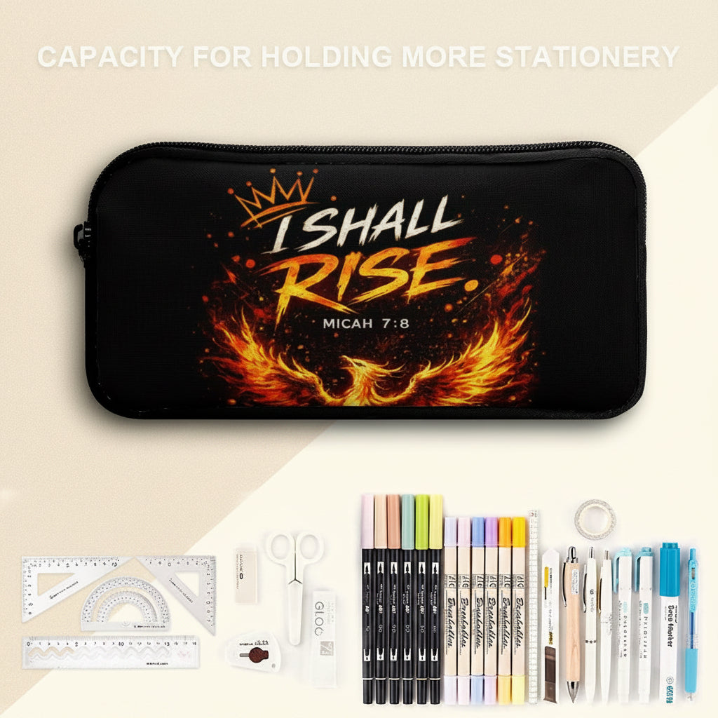 A black zippered pencil case with a fiery orange and yellow graphic reading 'I SHALL RISE. MICAH 7:8' is shown on a light blue and white background, with stationery items arranged below it.
