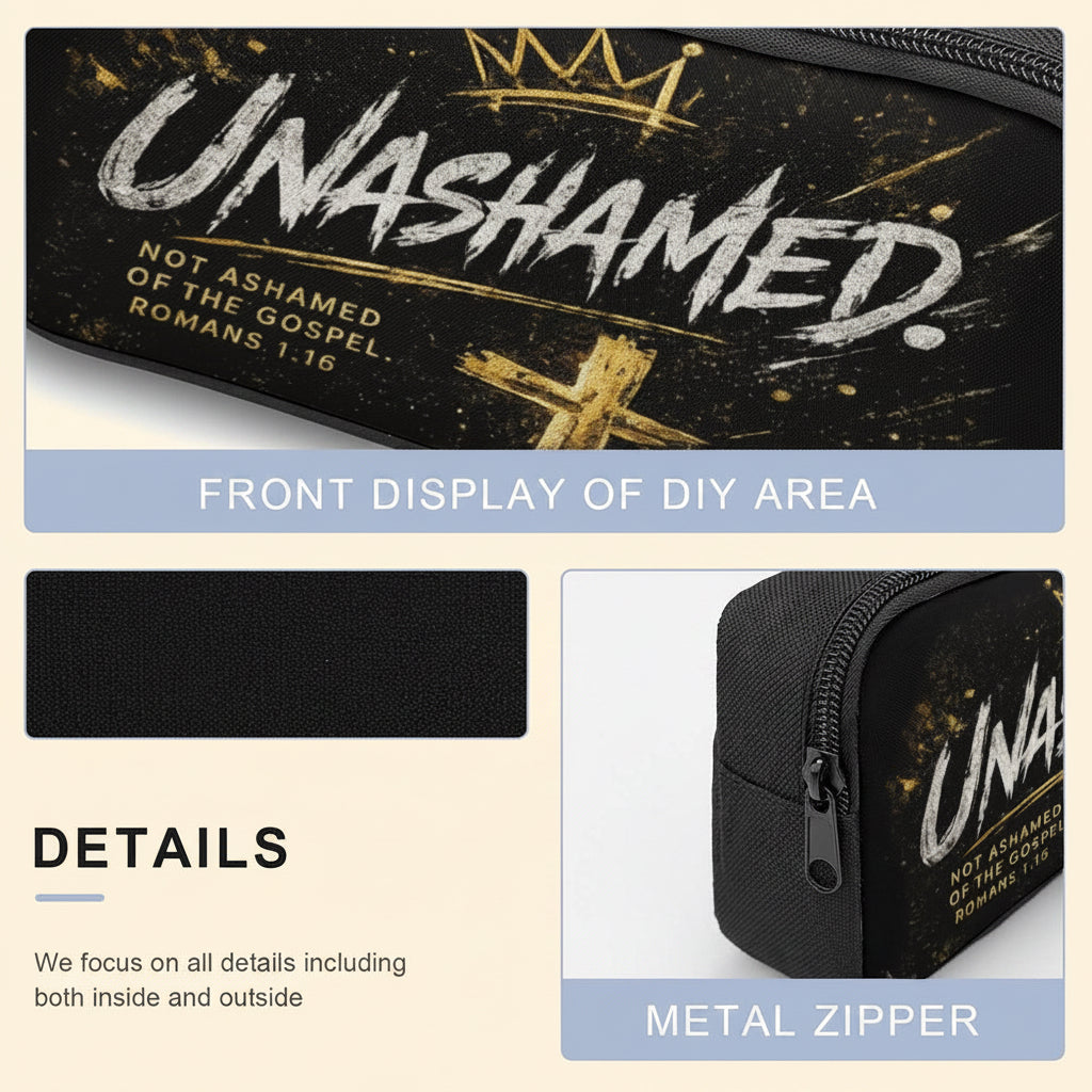 A product detail collage for a black and gold Unashamed pouch. The top panel shows the front display area with the white 'UNASHAMED' logo and gold crown graphic.