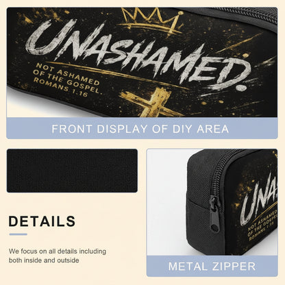 A product detail collage for a black and gold Unashamed pouch. The top panel shows the front display area with the white 'UNASHAMED' logo and gold crown graphic.