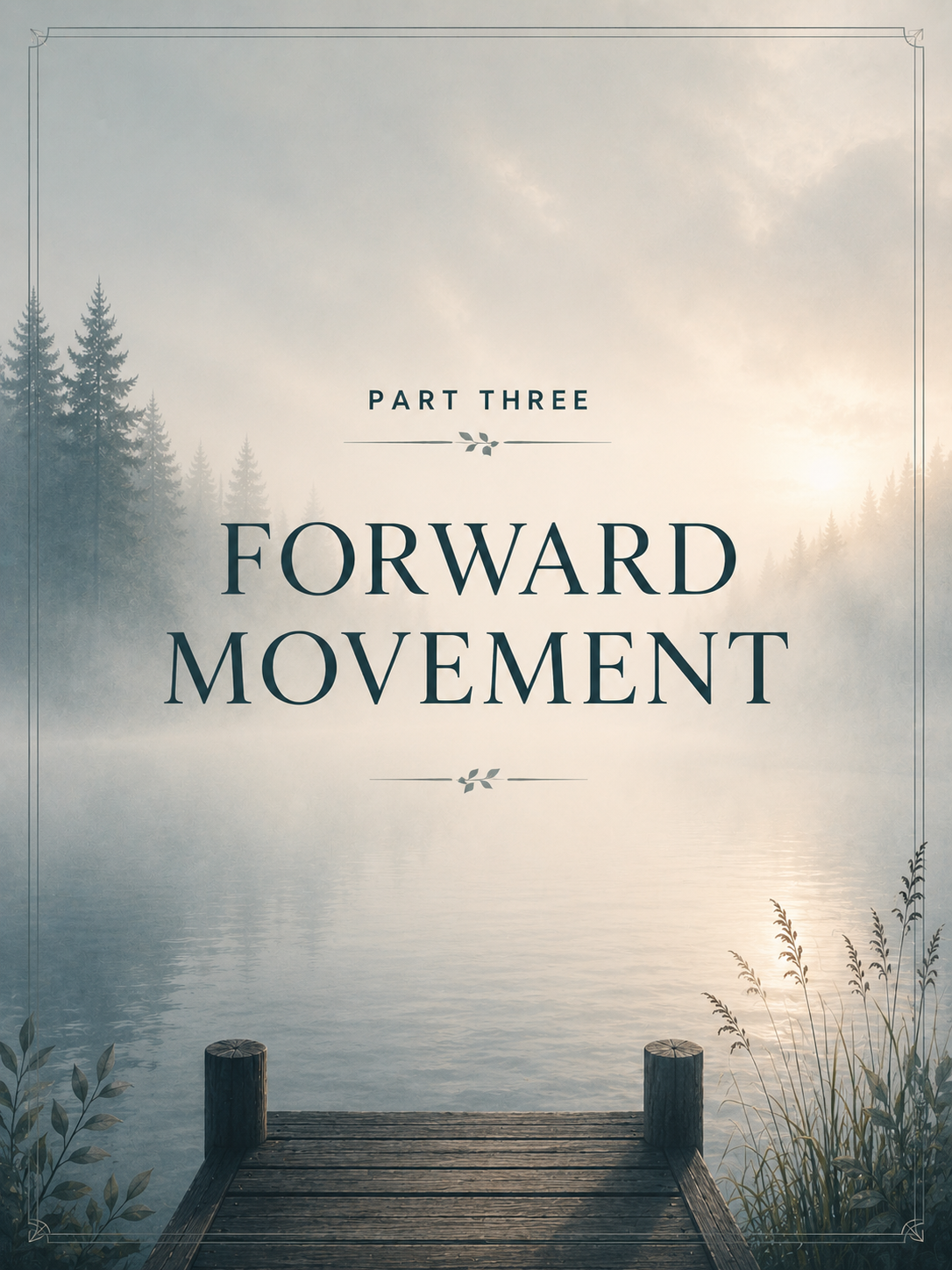 A misty lakeside scene with a wooden dock in the foreground, evergreen trees on the left, and large centered text reading 'PART THREE FORWARD MOVEMENT'.