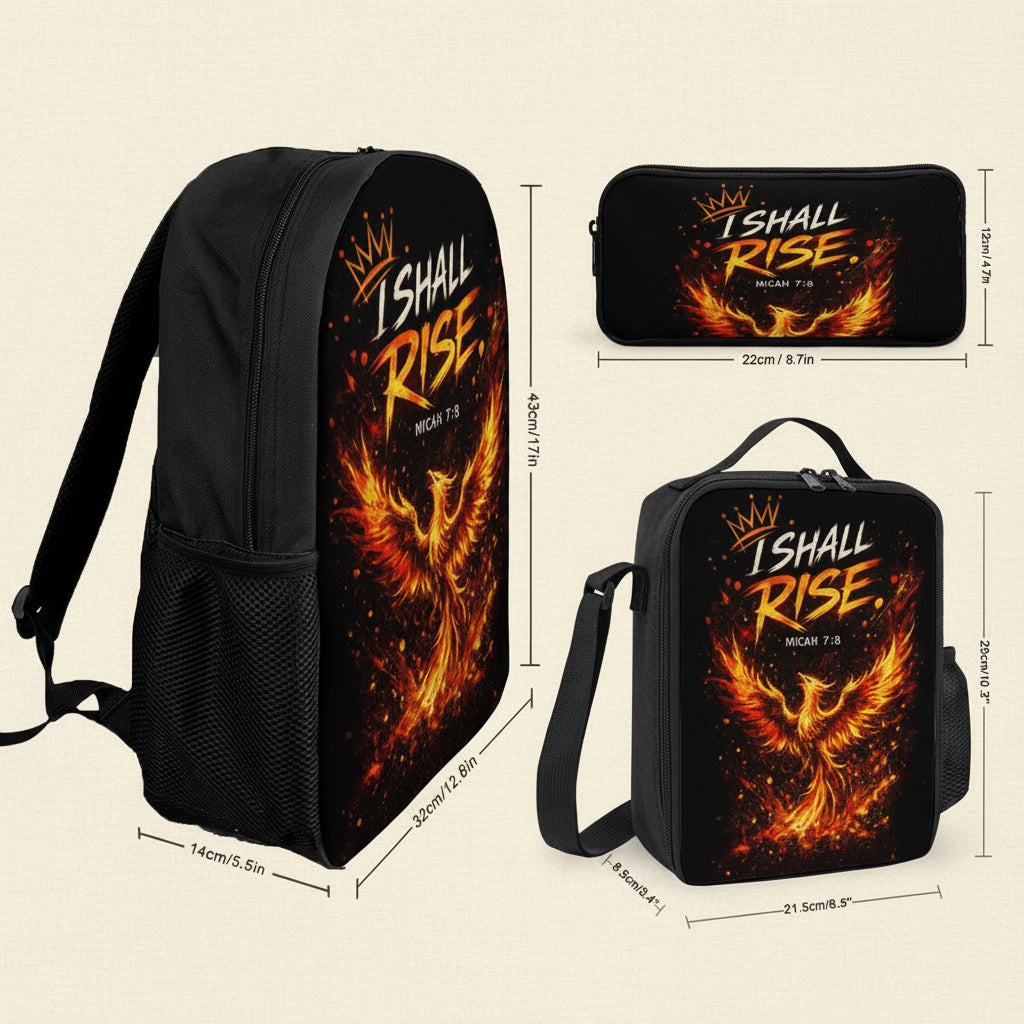Black backpack, pencil case, and lunch bag set with a fiery phoenix graphic and the text 'I SHALL RISE. MEACH 7:8' on a white background with dimension labels.