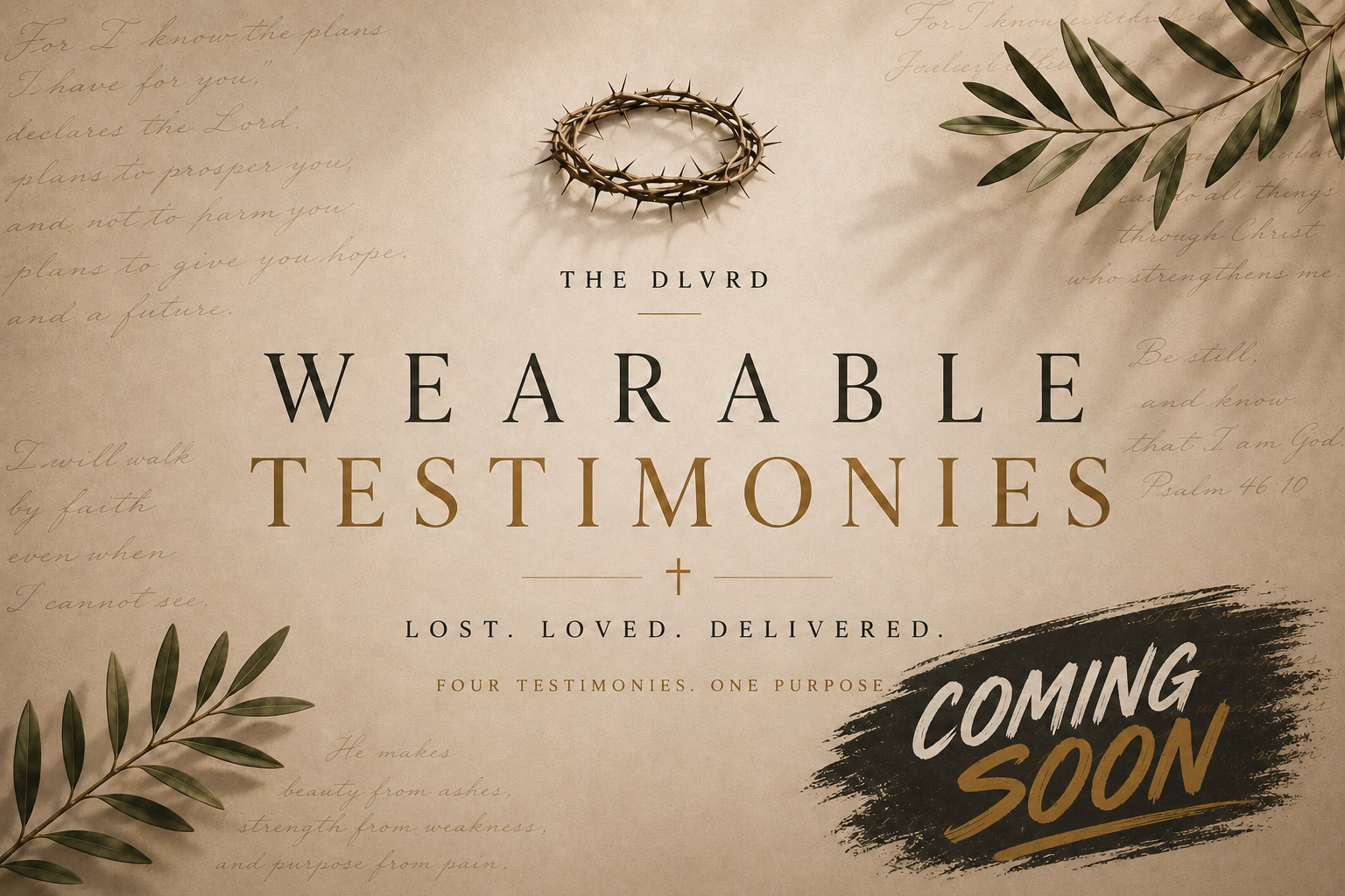 Promotional graphic for 'The DLVRD Wearable Testimonies' with a crown of thorns at the top, decorative leaves in the corners, and a black brush-stroke badge reading 'Coming Soon' on a parchment-style background.