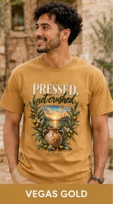 Vegas gold pressed graphic tee with large front illustration and slogan